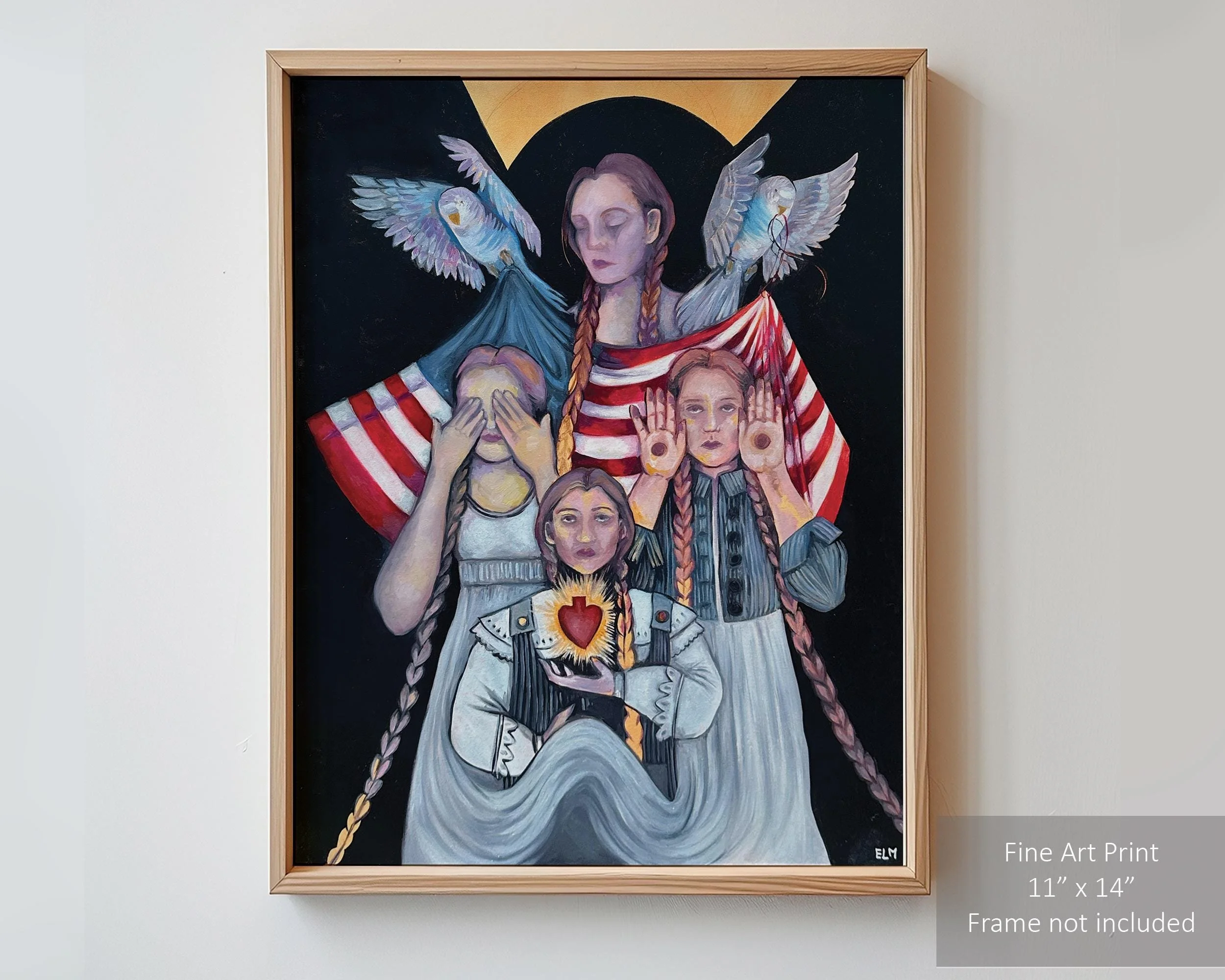 “Painting titled ‘Americana’ by Erin, depicting four girls and two blue parakeets against a black background with an American flag.”