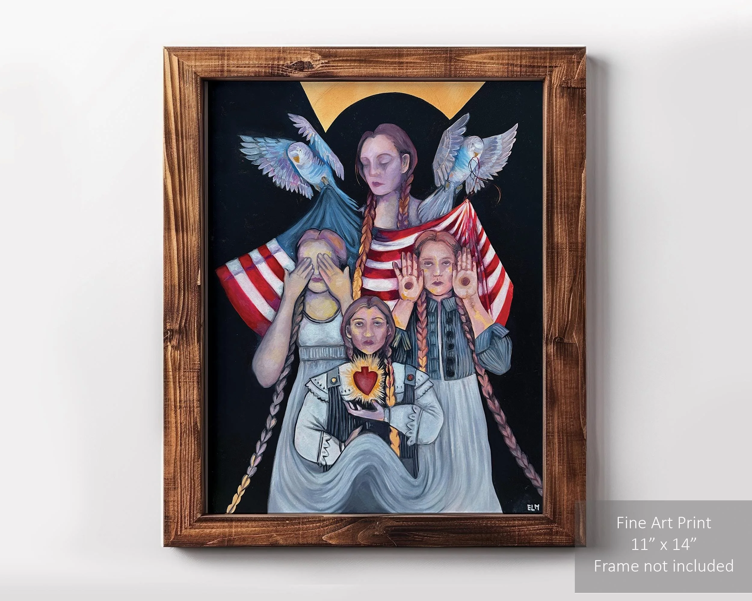 “Painting titled ‘Americana’ by Erin, depicting four girls and two blue parakeets against a black background with an American flag.”