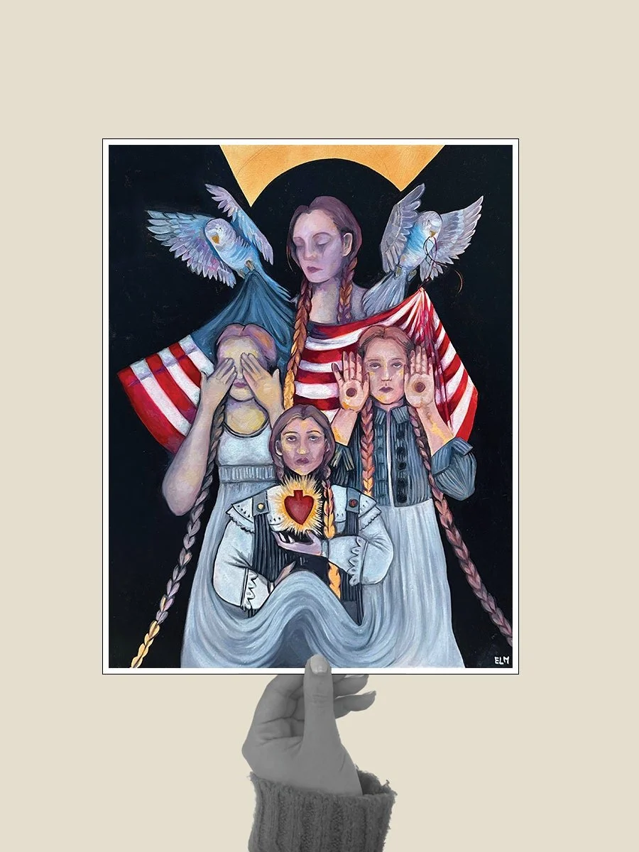 “Painting titled ‘Americana’ by Erin, depicting four girls and two blue parakeets against a black background with an American flag.”