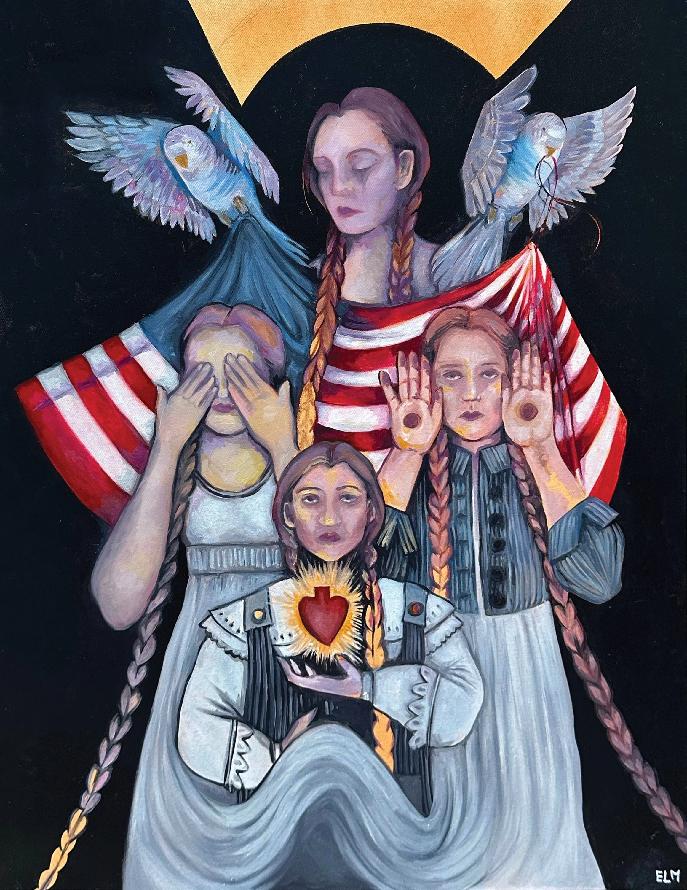 “Painting titled ‘Americana’ by Erin, depicting four girls and two blue parakeets against a black background with an American flag.”