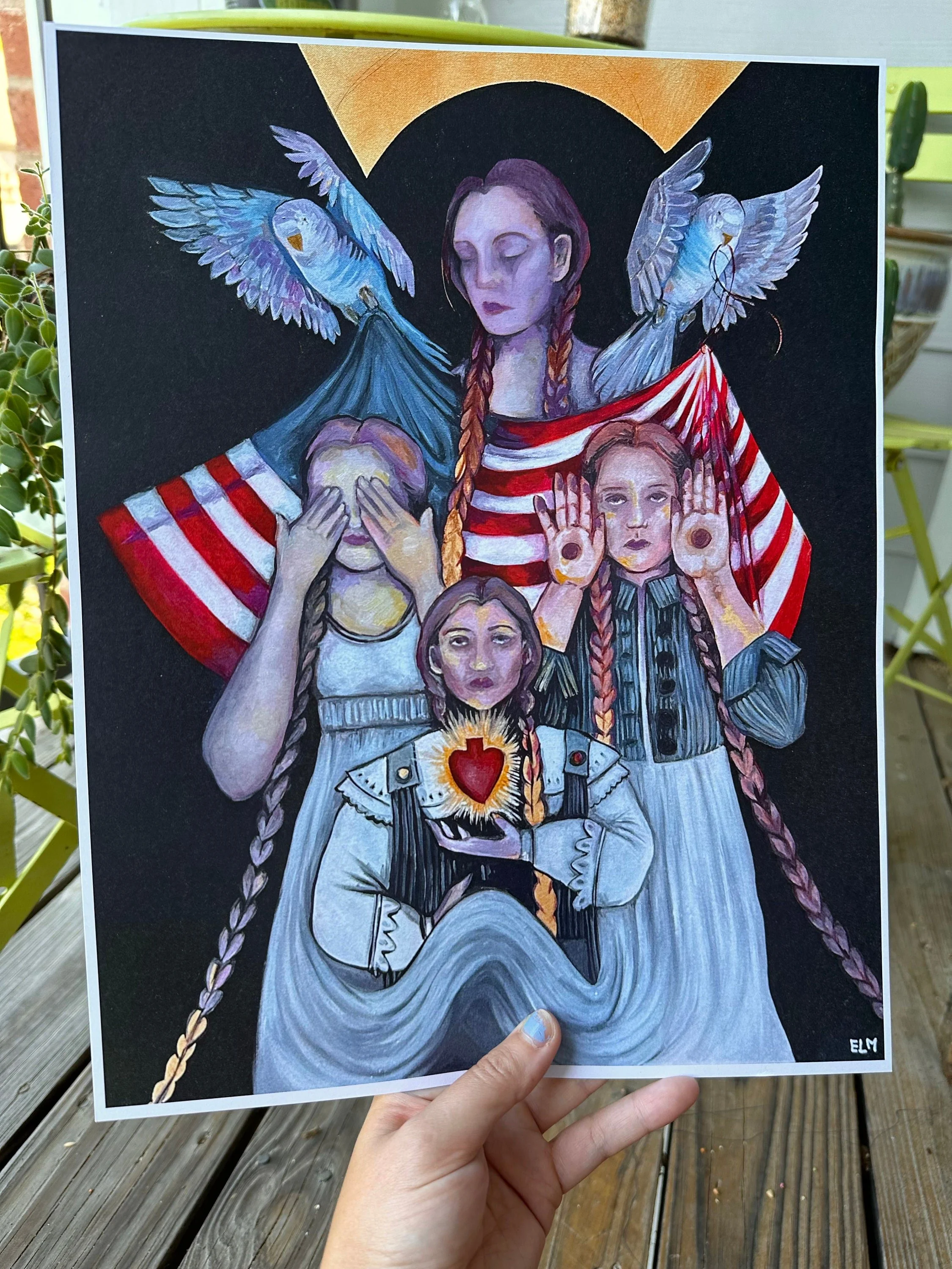 “Painting titled ‘Americana’ by Erin, depicting four girls and two blue parakeets against a black background with an American flag.”