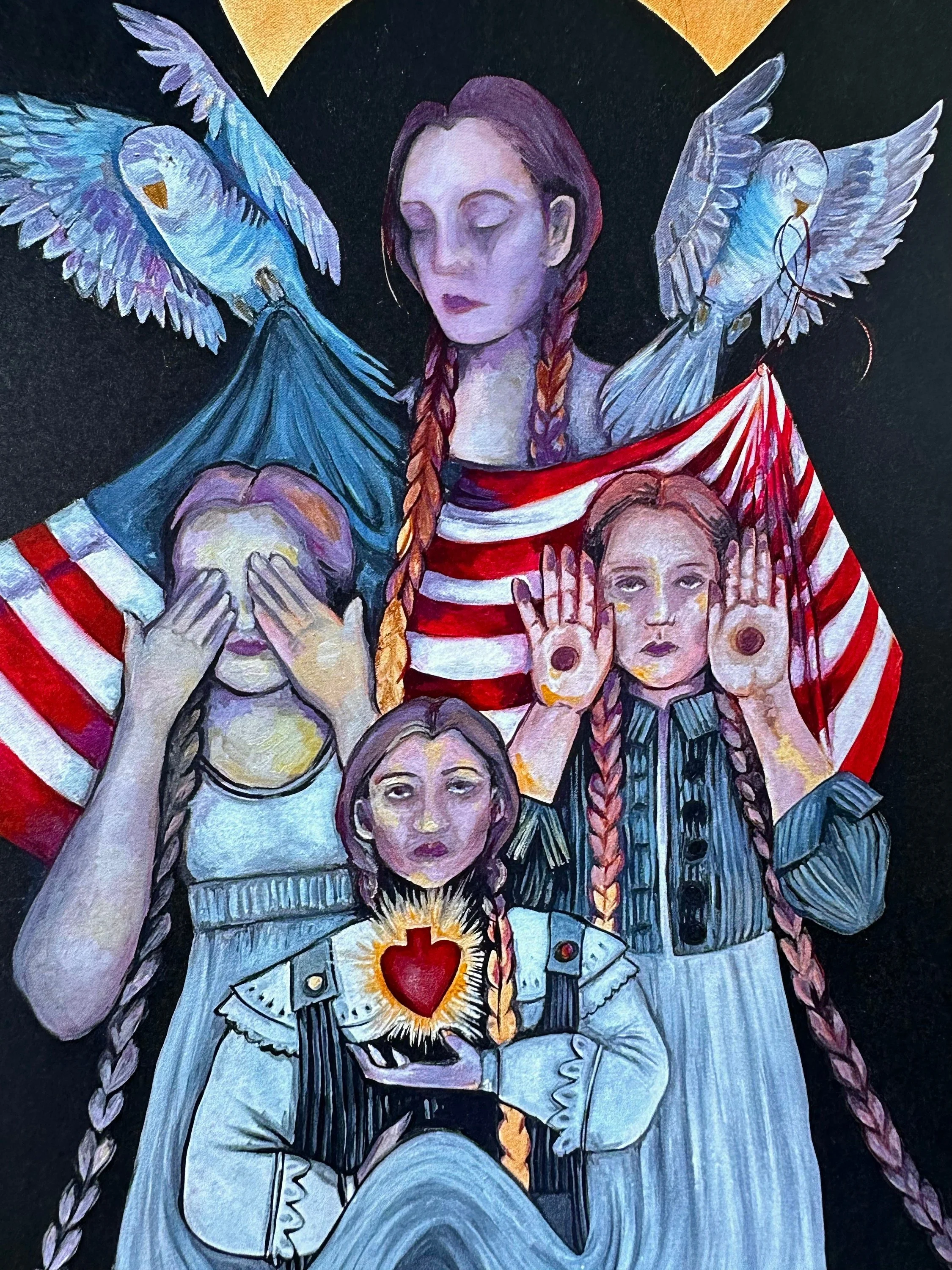 “Painting titled ‘Americana’ by Erin, depicting four girls and two blue parakeets against a black background with an American flag.”