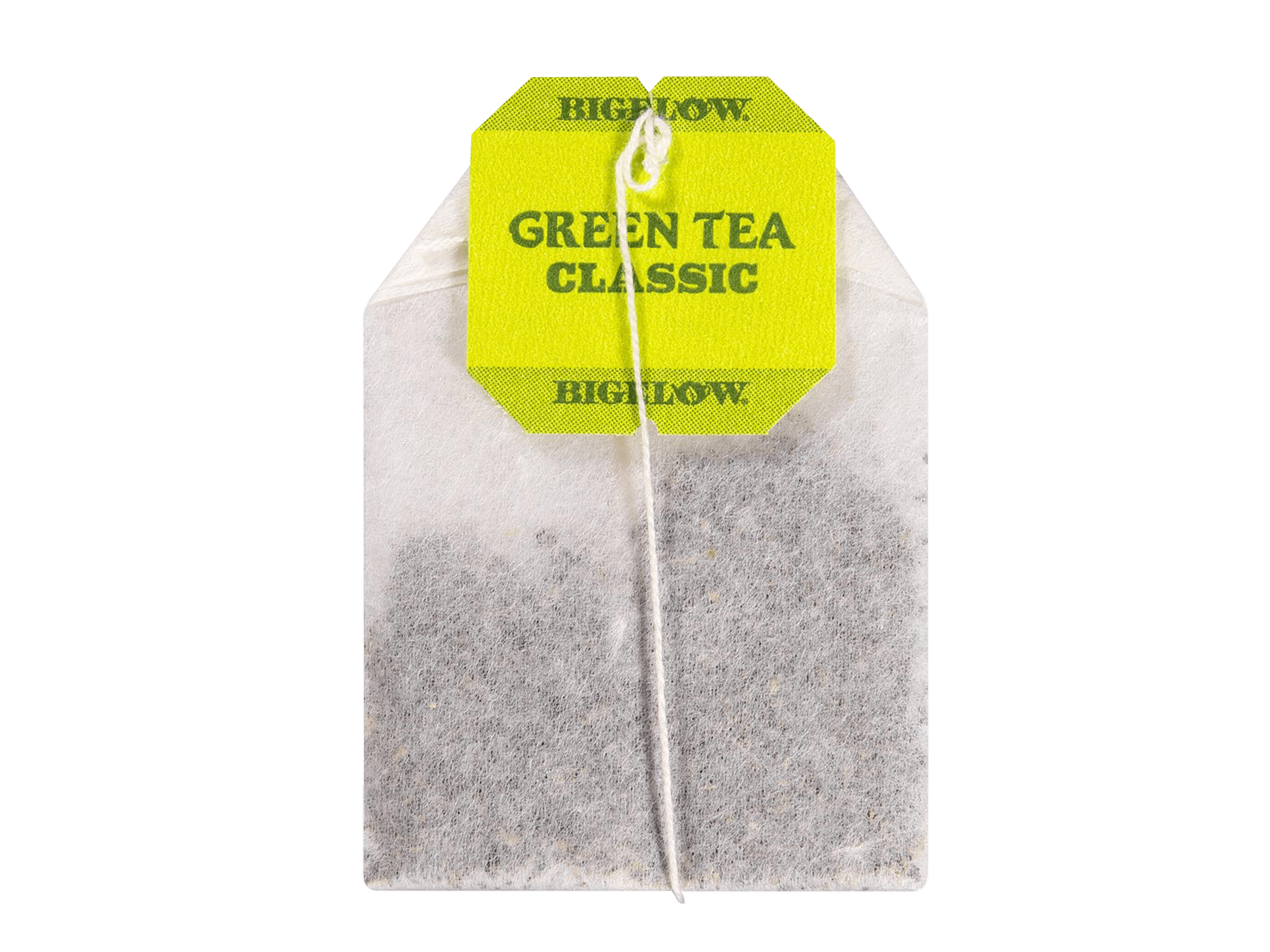“Bigelow green tea bag, string, and tag displayed for brewing.”