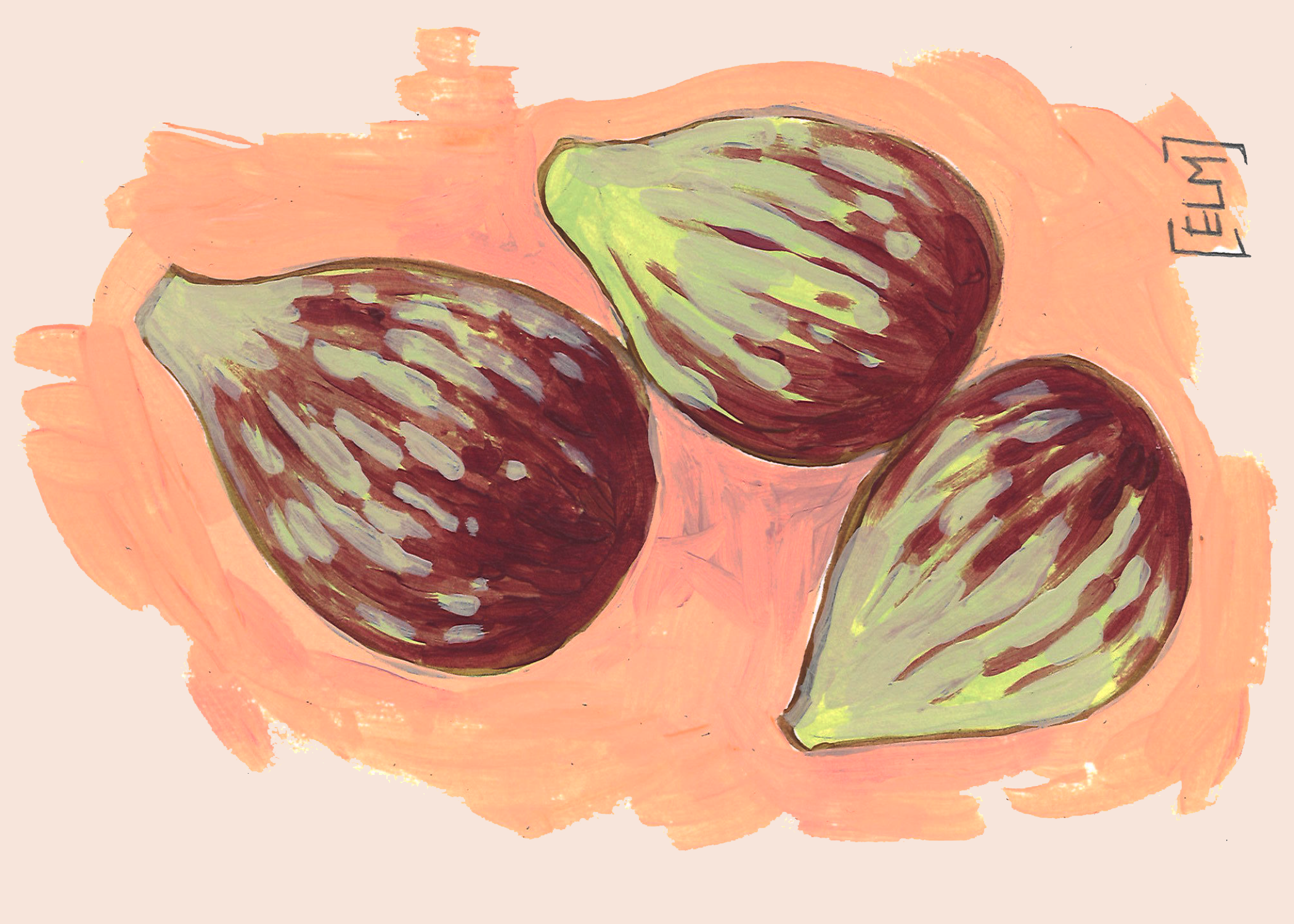 "Art print featuring three purple figs against a warm peach backdrop"