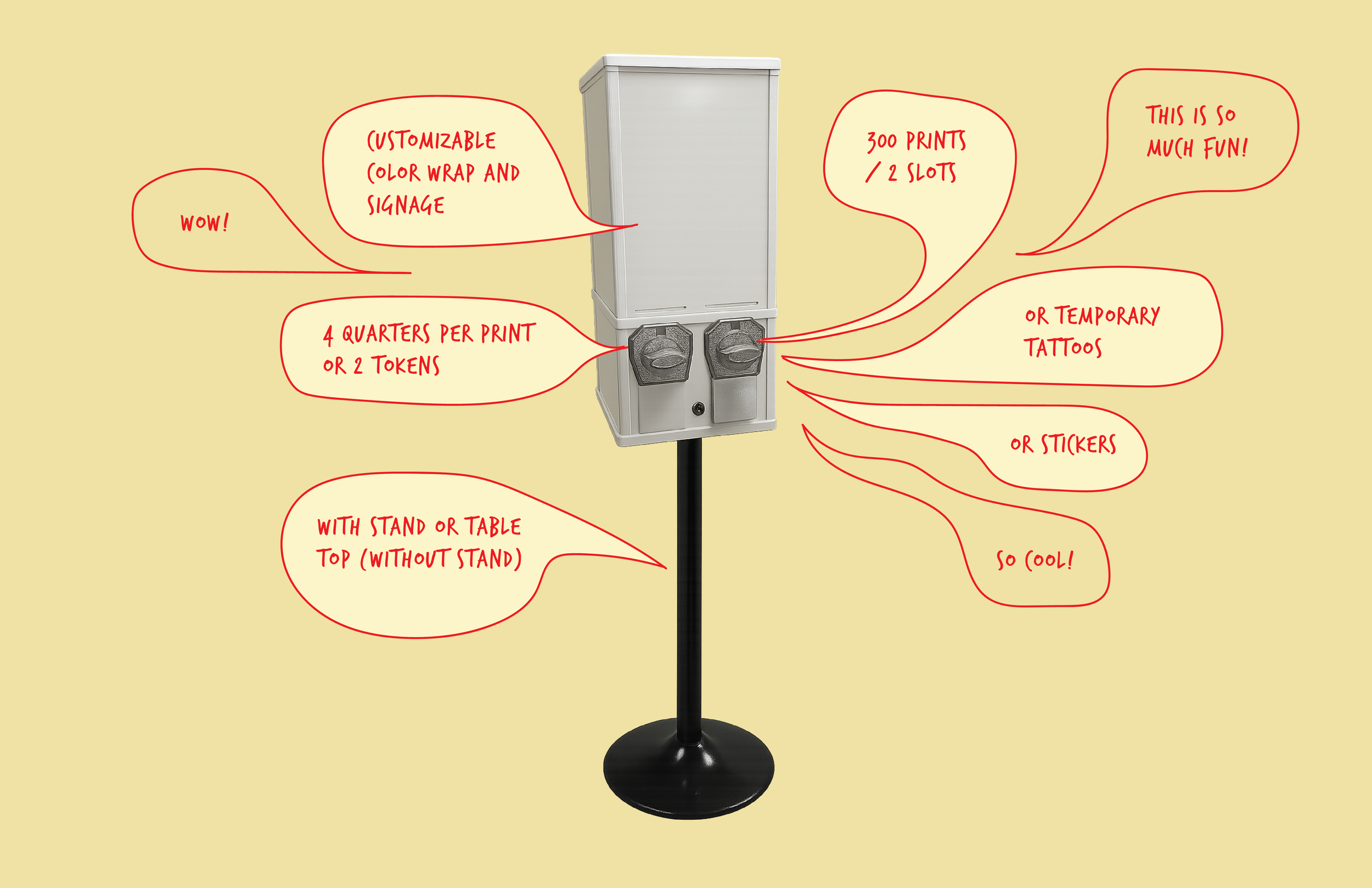 A white vending machine on a black stand with red handwritten annotations around it, describing customizable options for printing tattoos, stickers, and signage, with details about print size, number of prints, and types of designs like tattoos and stickers.
