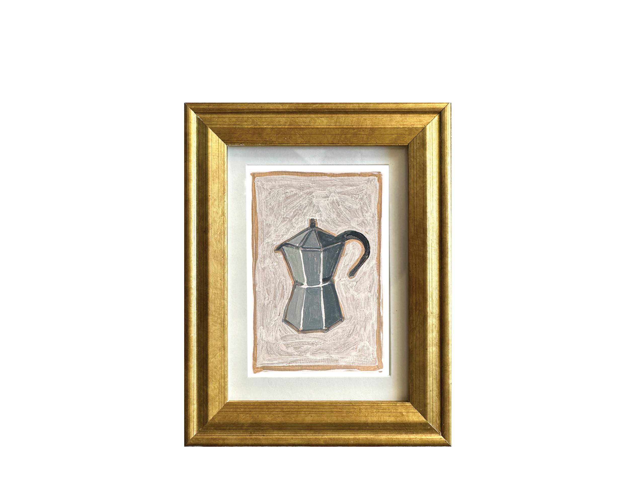 Framed artwork depicting a watercolor painting of a dark gray coffee pot with a patterned background.