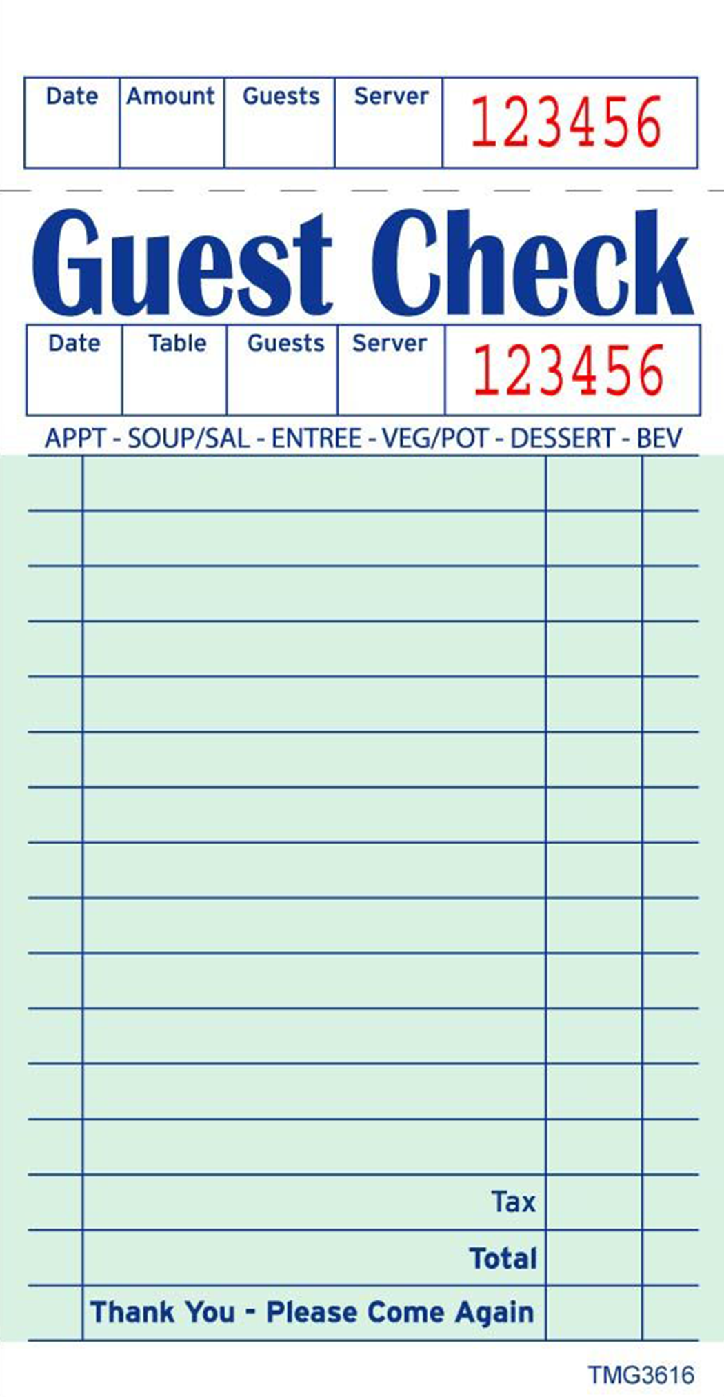 “Close-up of a blank restaurant guest check with lines and numbered sections.”