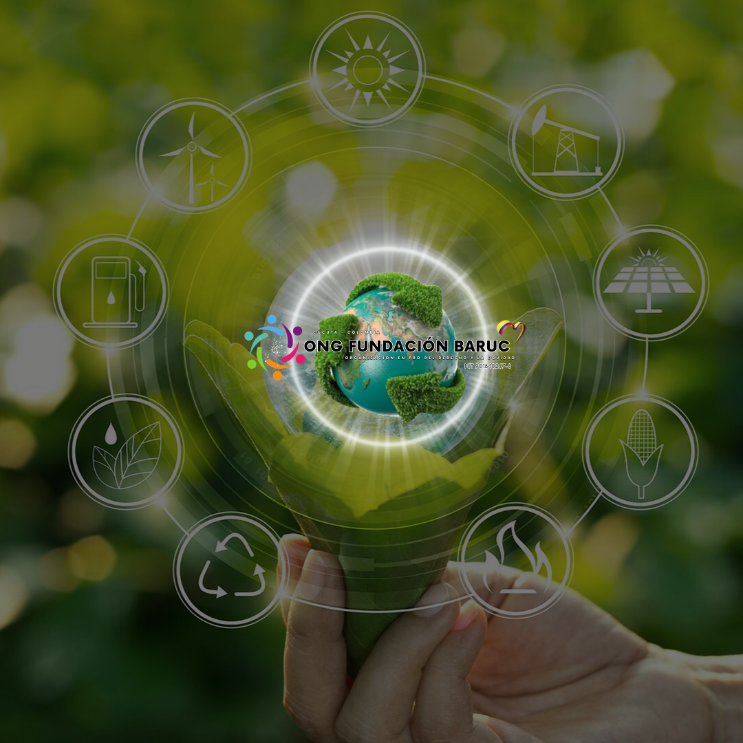 Mano sosteniendo una hoja de árbol en forma de cono con un mundo ecológico en el centro y logotipo de ONG Fundación Baruc, rodeado de iconos relacionados con energía solar, eólica, agua, reciclaje y sostenibilidad, en un fondo de naturaleza verde