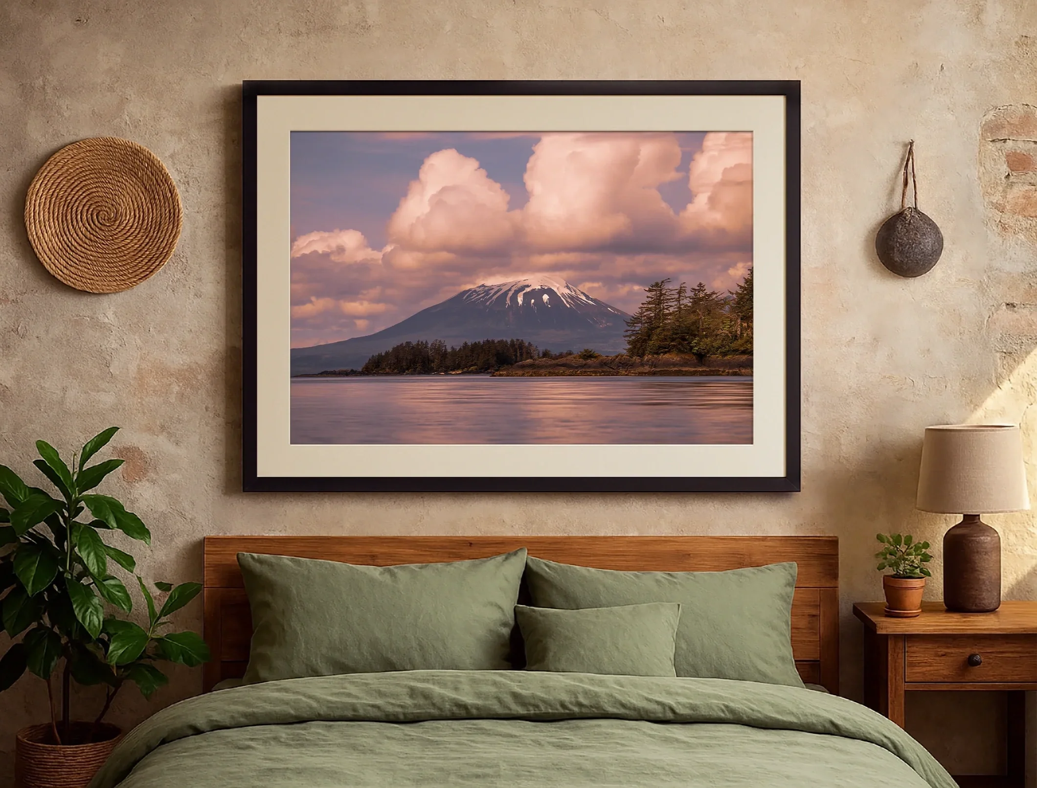 A photo of a volcano during sunset, framed and hanging on a wall above a bed.