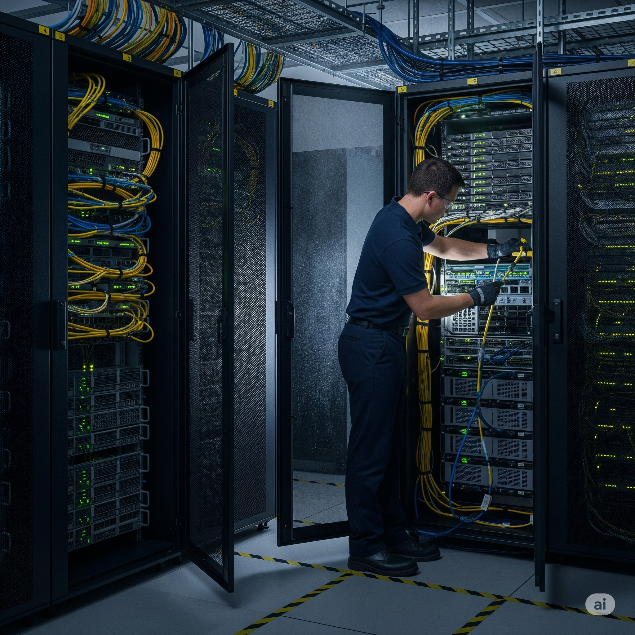 A technician working in a server room among racks of network equipment and cables.
