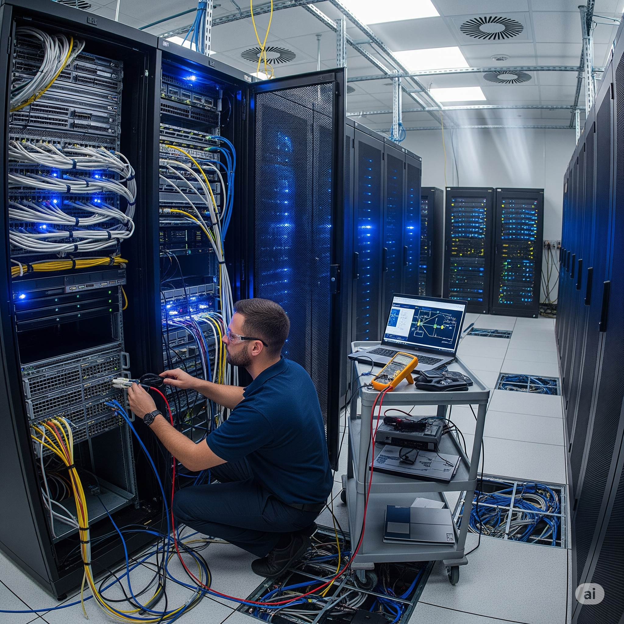 Technician working on a server rack in a data center, with computer equipment and blue cabling