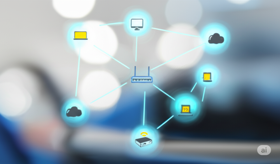 A digital network diagram illustrating interconnected devices including a router, cloud storage, laptops, desktops, and a projector diagram, symbolizing a cloud computing or network setup.