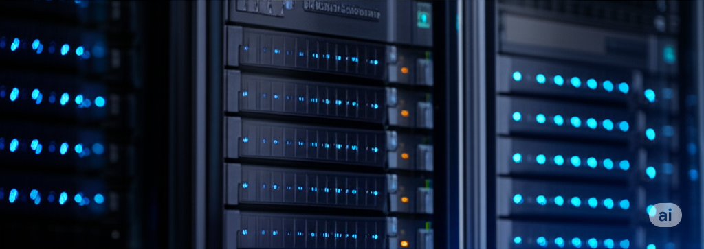 Server racks with blinking blue and orange lights in a data center.