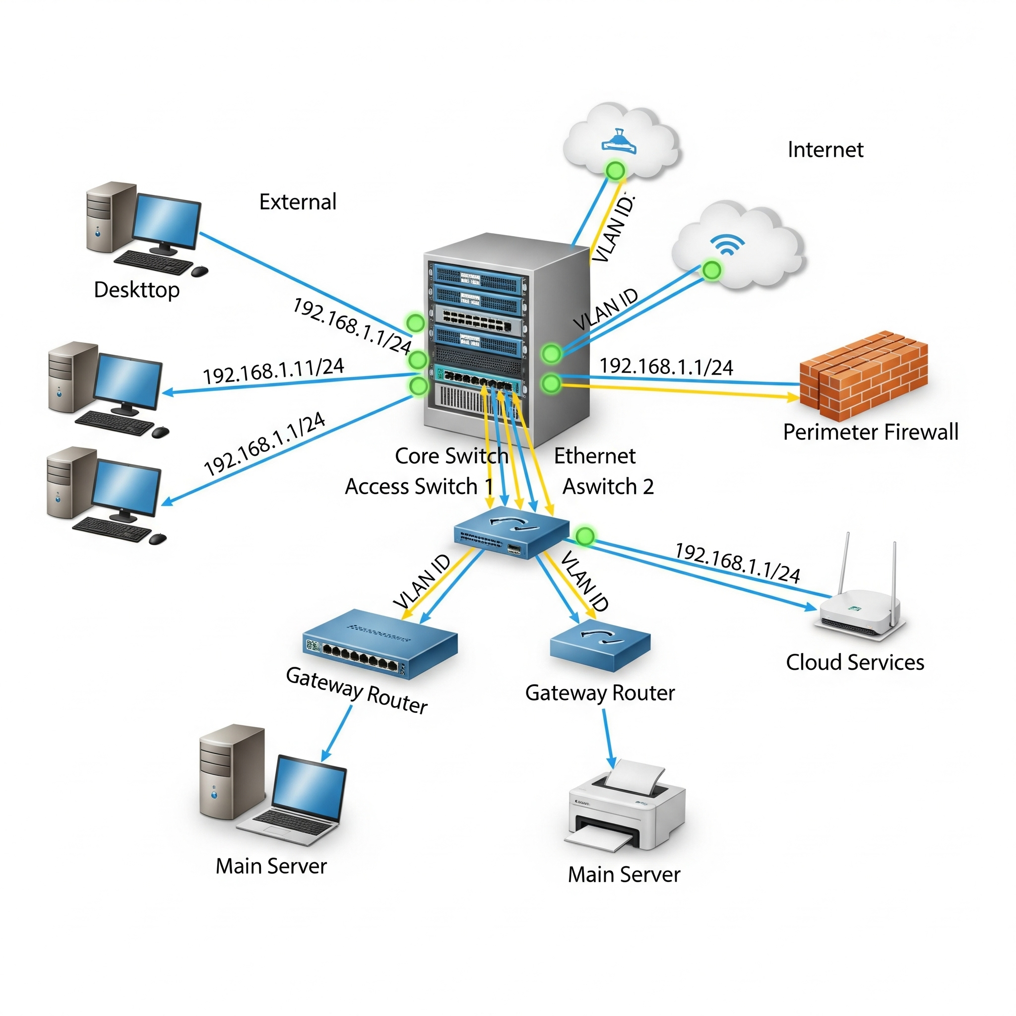 Network diagram showing computers, switches, routers, firewalls, and cloud services connected via Ethernet and VLANs, illustrating an enterprise network infrastructure.