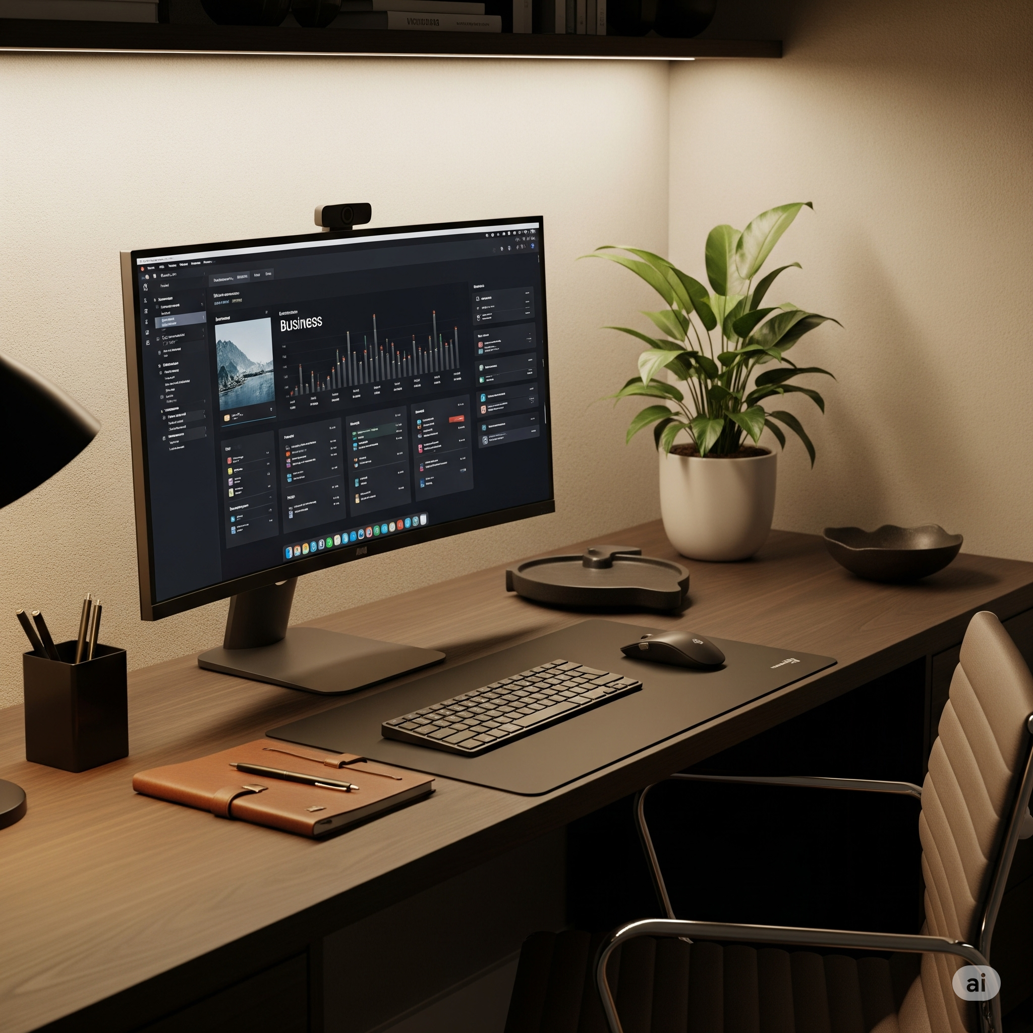 Office desk with a large monitor displaying a business analytics dashboard, a keyboard, mouse, notebook, pen, and a potted plant; the desk is against a plain wall.