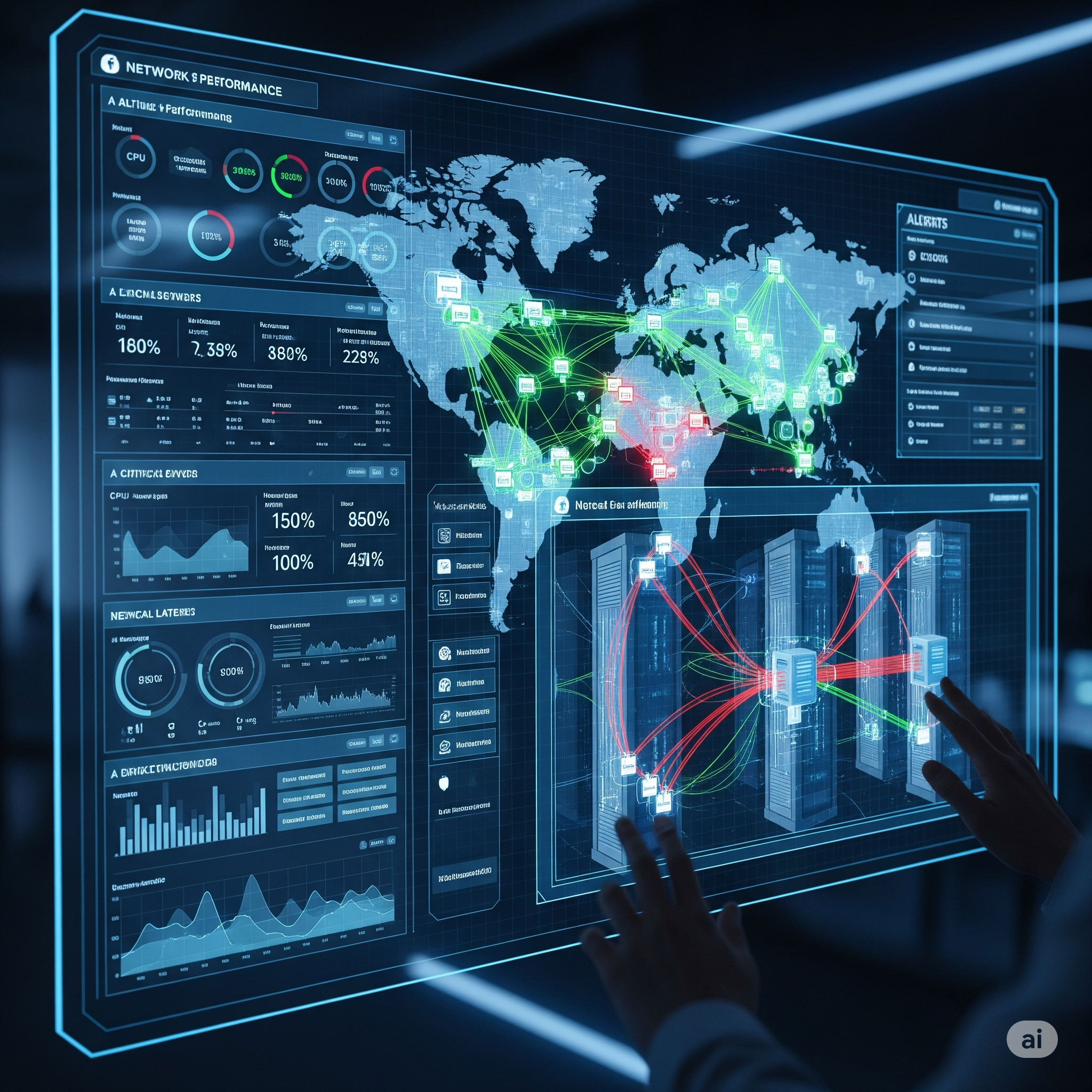 Futuristic digital dashboard displaying global network data, with a world map connected by lines, graphs, charts, and statistics on various technological performance metrics.