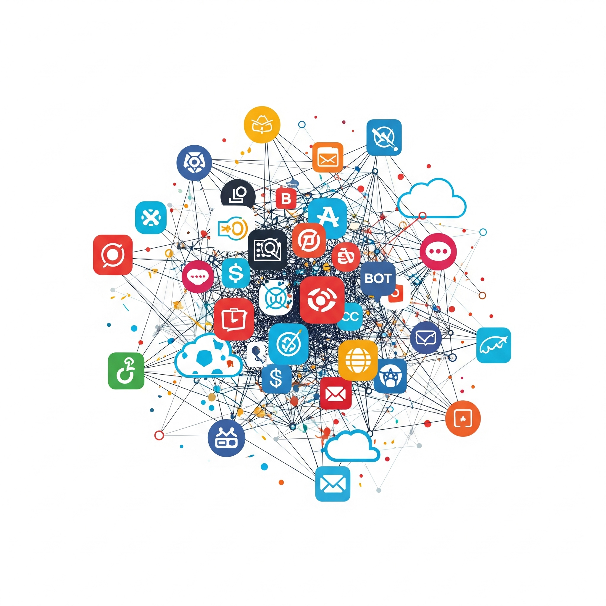 A digital illustration of various interconnected social media and communication app icons arranged in a web-like pattern, including icons for email, chat, cloud storage, and bots, all connected with lines and dots.