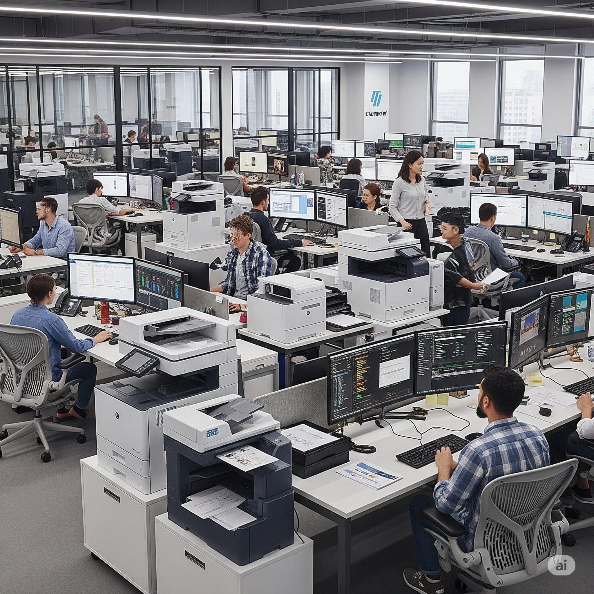 Multiple employees working at desks with computer monitors and office equipment in a modern open-plan office space with large windows