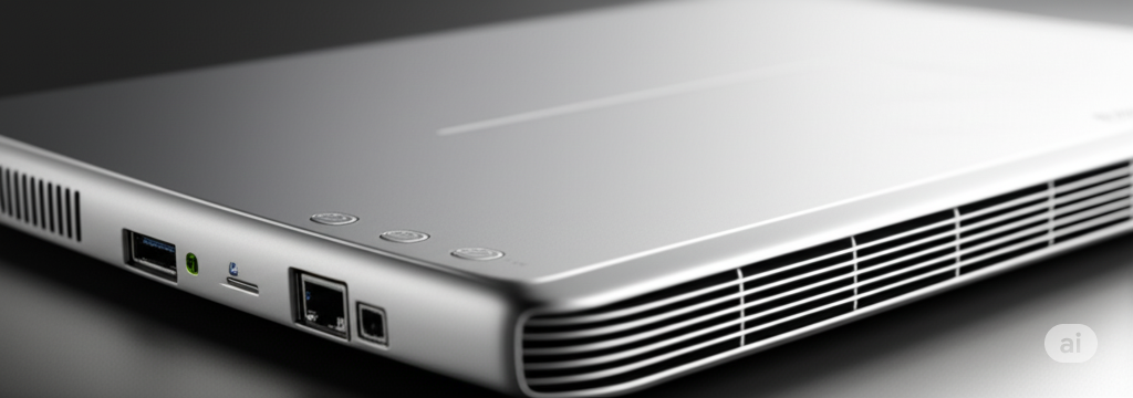 Close-up of the edge of a silver laptop showing ports including USB, Ethernet, and ventilation grille.
