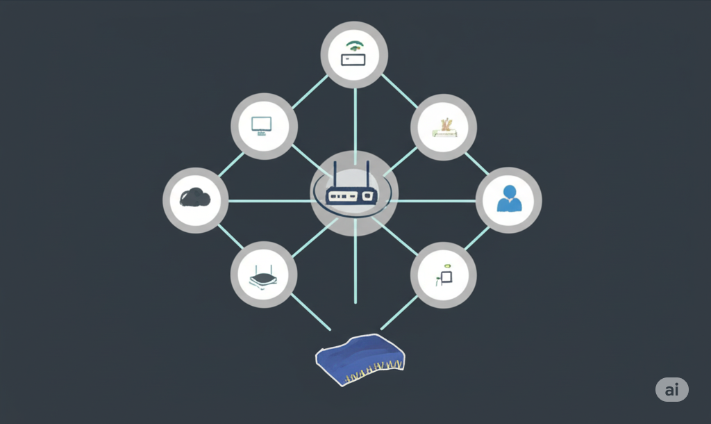 Diagram showing a central router connected to various smart home devices, including a TV, cloud service, smart plug, security camera, thermostat, smart assistant, and a robotic vacuum.