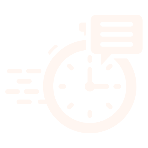 Icon of a stopwatch with motion lines indicating speed and a speech bubble with text.