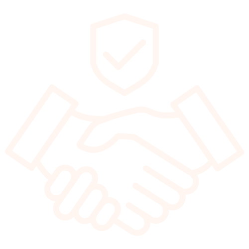 Outline icon of two hands shaking with a shield and checkmark above them, representing trust or agreement.