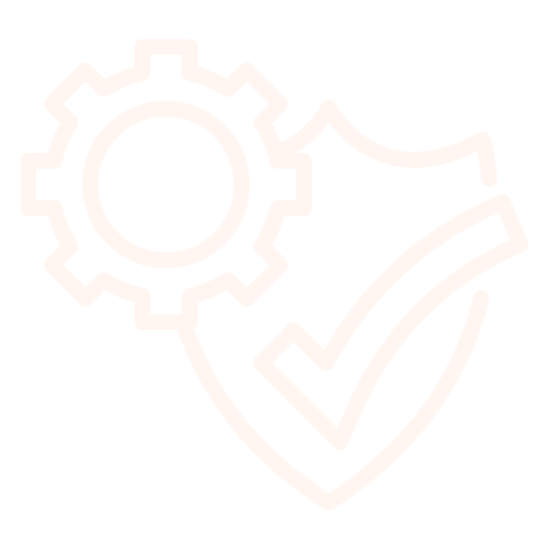 Gear icon next to a checkmark inside a shield, representing settings and security or approval.