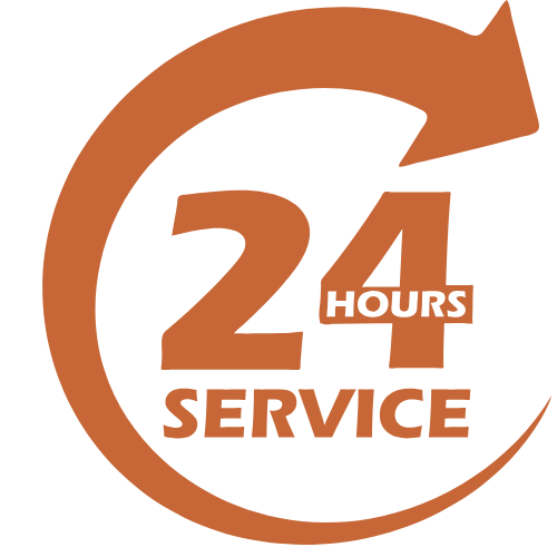 24.7 emergency service icon with arrow circling up and 24 hours service in the middle of the circle.