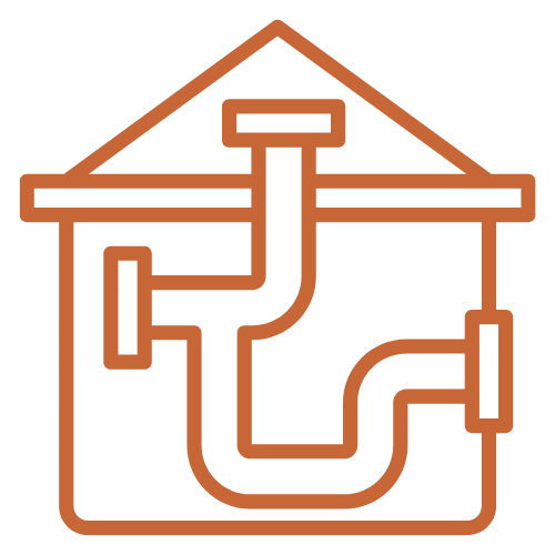 Line drawing of plumbing pipes inside a house with the roof visible at the top