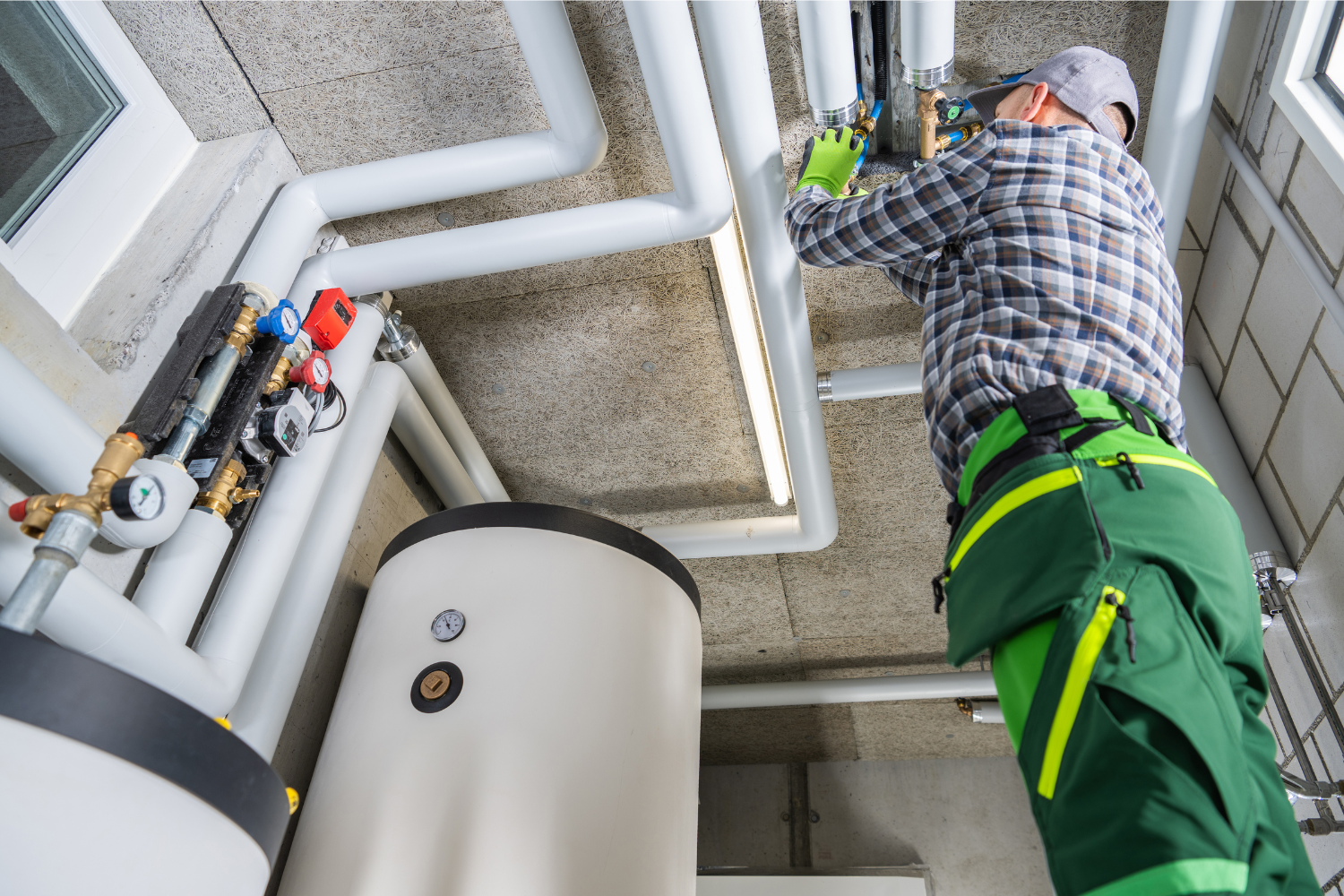 image of a technician standing on a step ladder investigating water heater pipes.