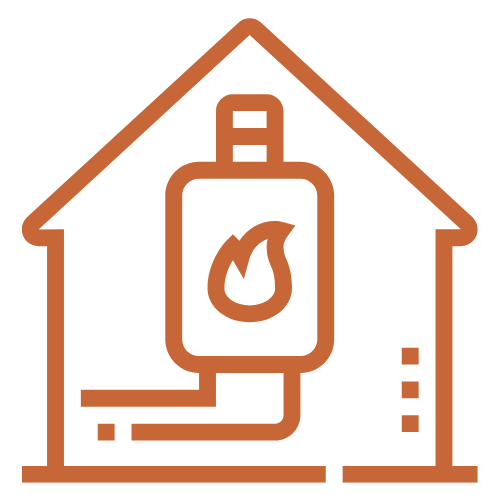 Outline of a house with a heating boiler inside, connected by pipes.
