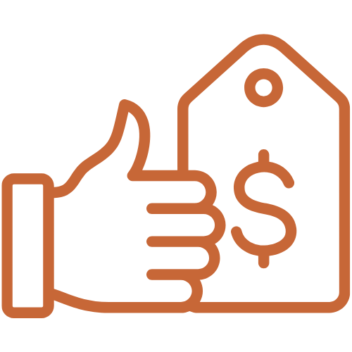 outlined graphic of a thumbs up with a price tag and a money sign in the middle of it, representing fairly priced serviced from AMACS plumbing and heating