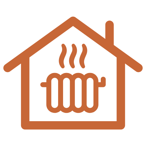 Simple brown house icon with a radiator emitting heat inside.