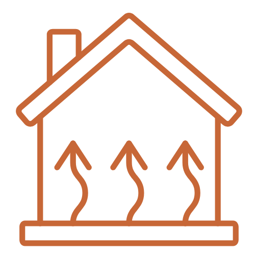 Illustration of a house with arrows indicating heated air rising from inside, representing a heating system or warmth within the home.