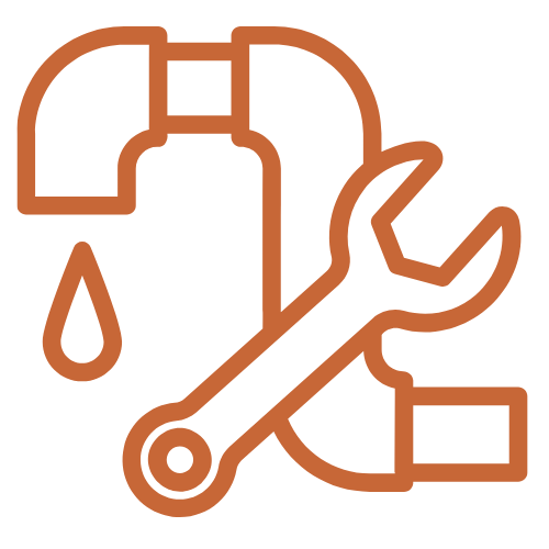 outlined graphic of a pipe and wrench with a water droplet