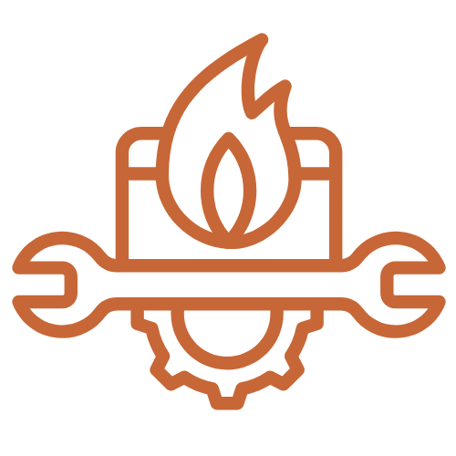 Icon of a gear with a flame, a wrench, and a leaf.
