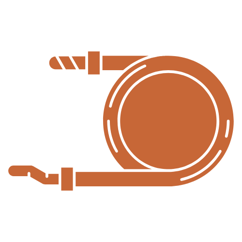 Illustration of a brown garden hose coiled with a nozzle attached.