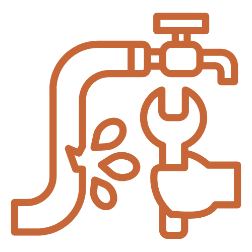 outlined graphic of a waterline broken spraying water with a hand holding a wrench symbolizing repairs.