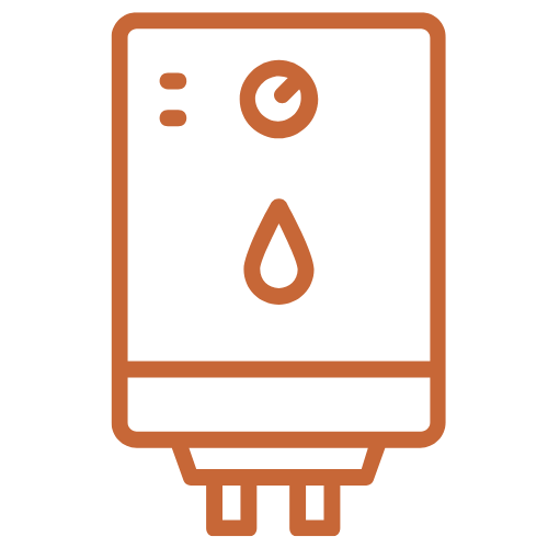 Outline of a water heater with a temperature gauge and a water droplet symbol.