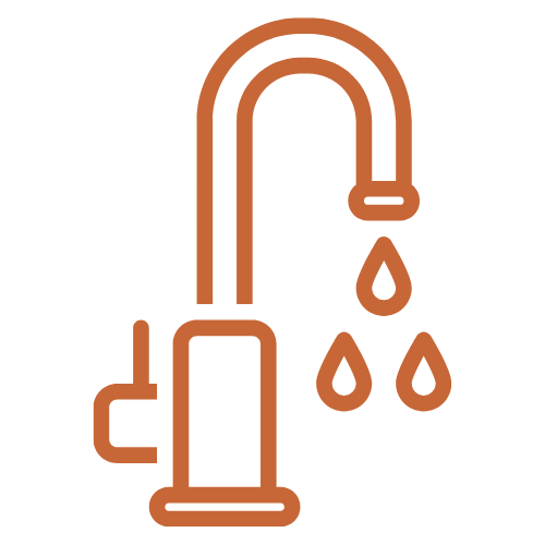 outlined graphic of a faucet with water droplets coming out of the tap.
