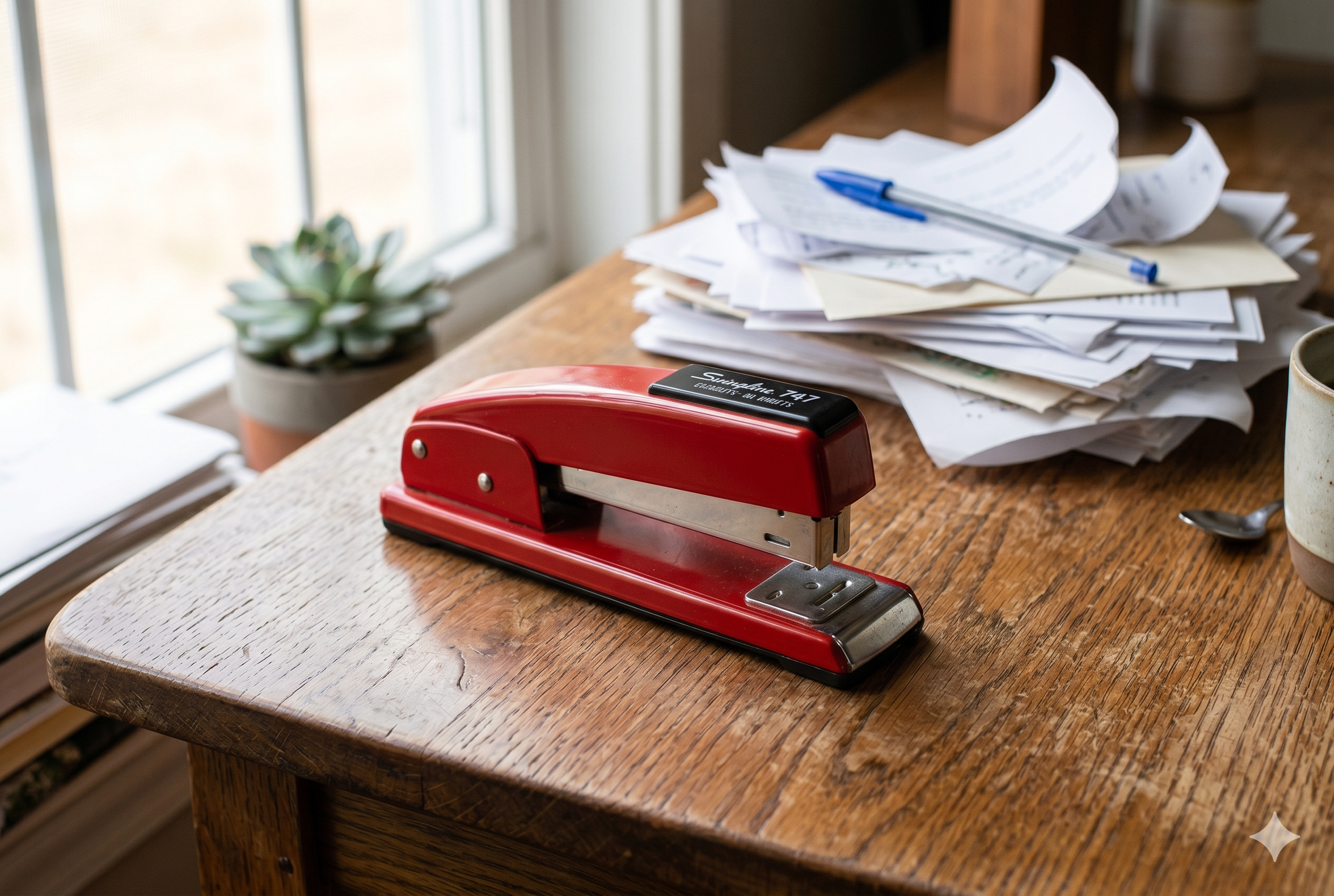 Red stapler on a desk with a messy stack of papers