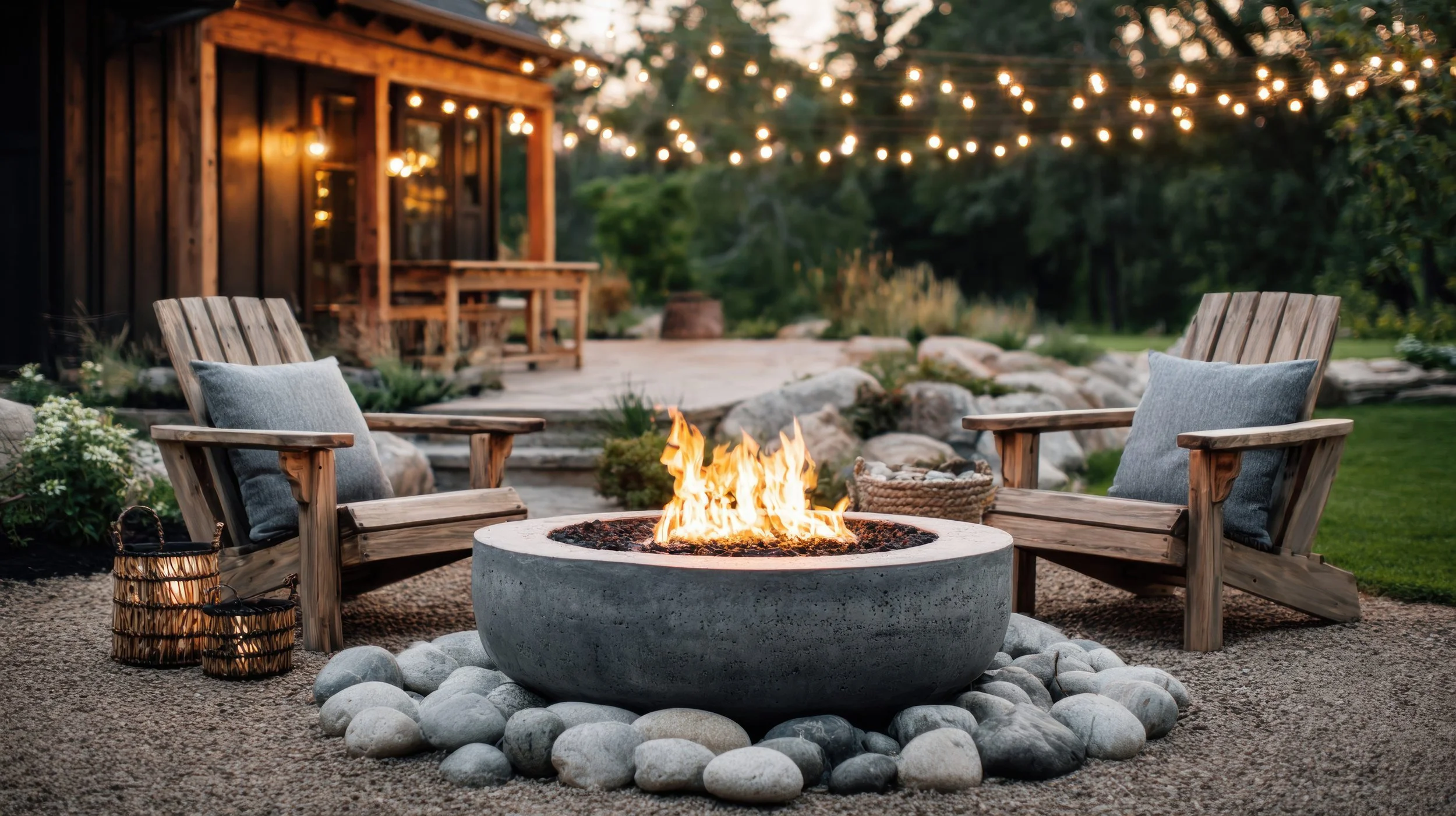 Two chairs around a firepit