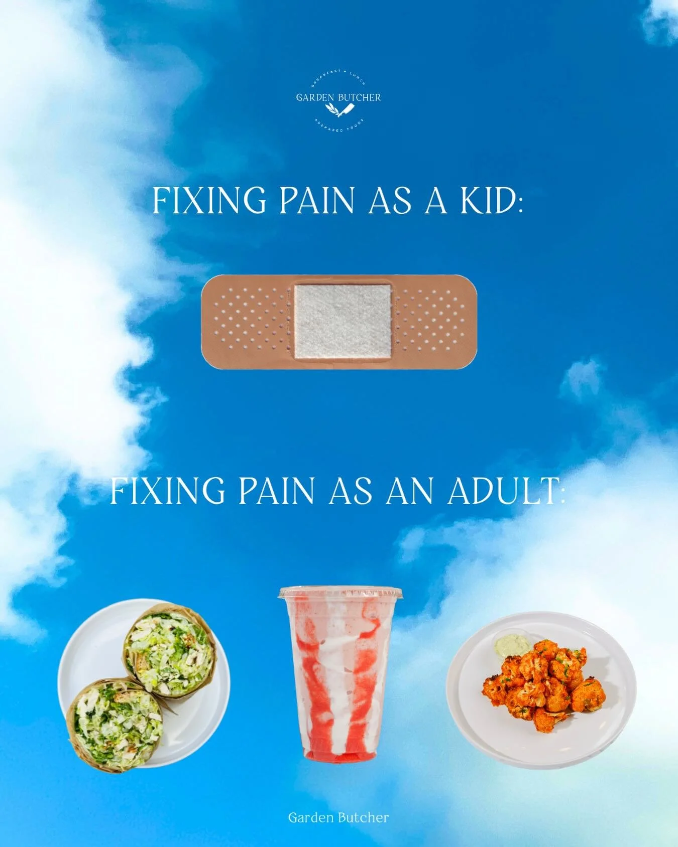 Fixing pain as a kid: 🩹
Fixing pain as an adult: Chicken Caesar Wrap, Strawberry Glow Smoothie &amp; Buffalo Cauliflower 💚 from @gardenbutcher
We don&rsquo;t make the rules&hellip; we just make the food 👀
Dine in or order on the GB app today!🍴
.
