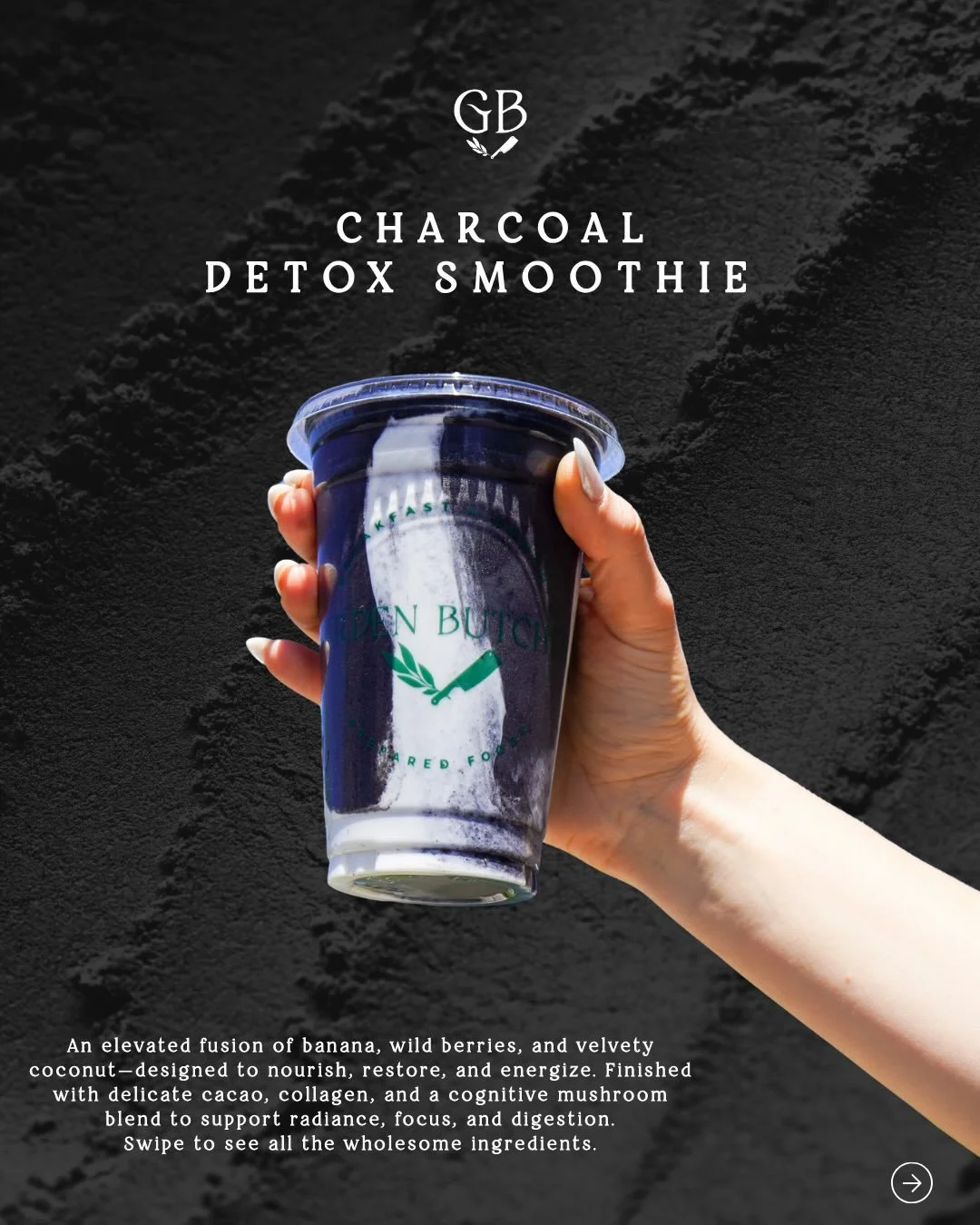 Charcoal detox smoothie at @gardenbutcher 🖤
Swipe to see the benefits of this nutrient packed blend. Simple, clean, and worth trying if you haven&rsquo;t already 🌿

Made with banana, wild blueberries, strawberries, organic coconut mylk, avocado, or