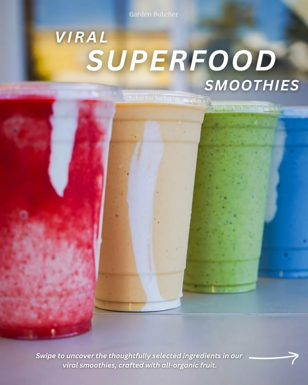 Swipe to see the superfood ingredients that make up our viral smoothies @gardenbutcher All blended with our housemade milks and crafted with real, feel-good ingredients only 🤍

On the menu:
🍓 Strawberry Glow Smoothie
🍫 Magic Mocha Smoothie
☁️ The 