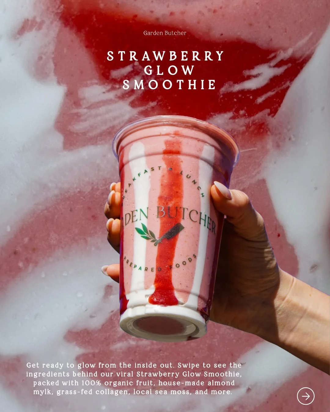If you&rsquo;re seeing this, consider it your sign to finally try @gardenbutcher &lsquo;s viral Strawberry Glow Smoothie 👀

Swipe to see the amazing superfood ingredients that go into every cup, starting with 100% organic fruit and organic house-mad
