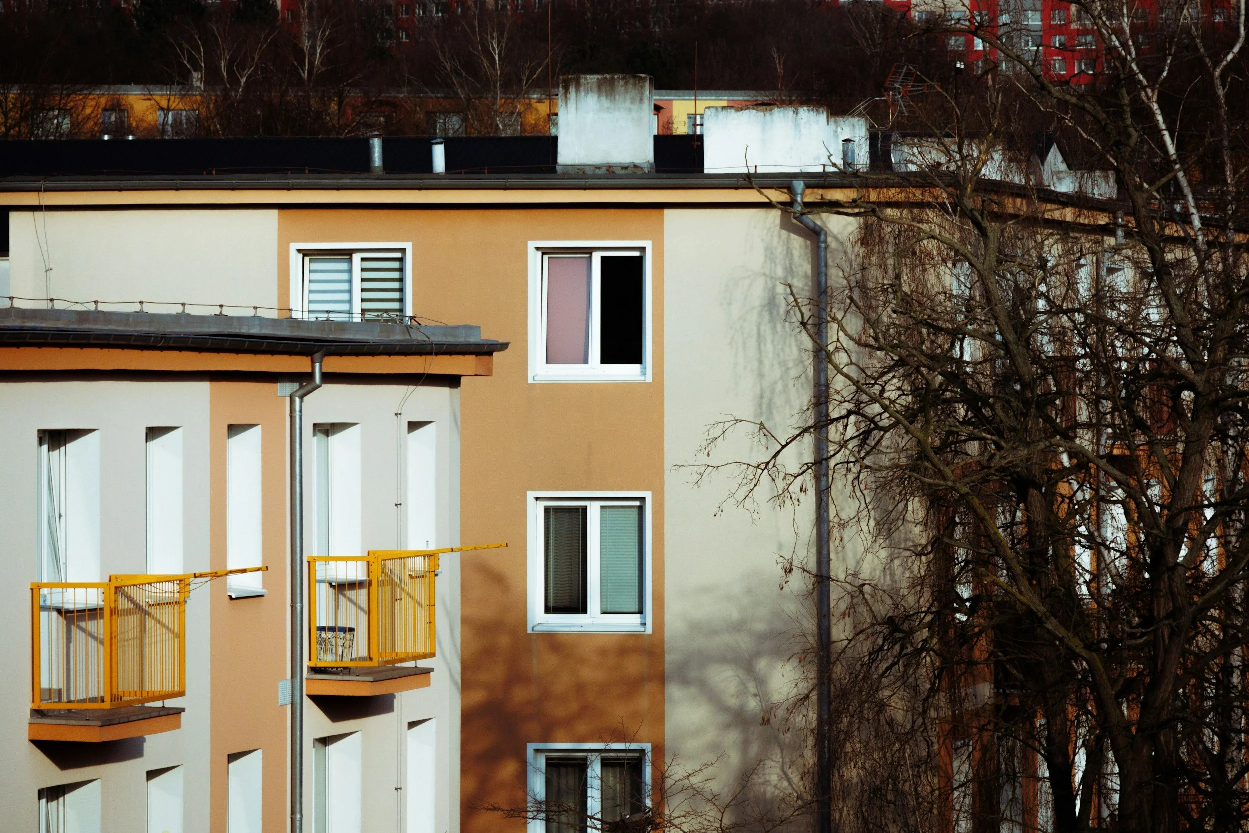 Ein mehrstöckiges Wohngebäude mit gelben und cremefarbenen Wänden, mehreren Balkonen mit gelben Geländern, und einem kahle Baum im Vordergrund. Im Hintergrund sind weitere Gebäude und Bäume sichtbar.