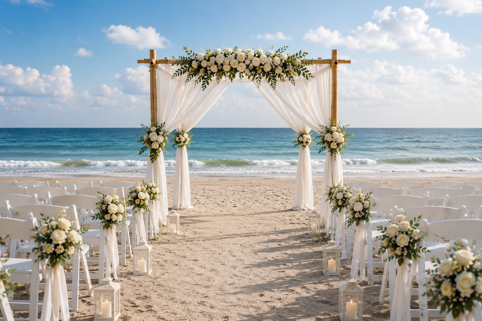 Beach wedding altar decorated with white flowers and drapes, overlooking the ocean with chairs and lanterns lining the aisle.
