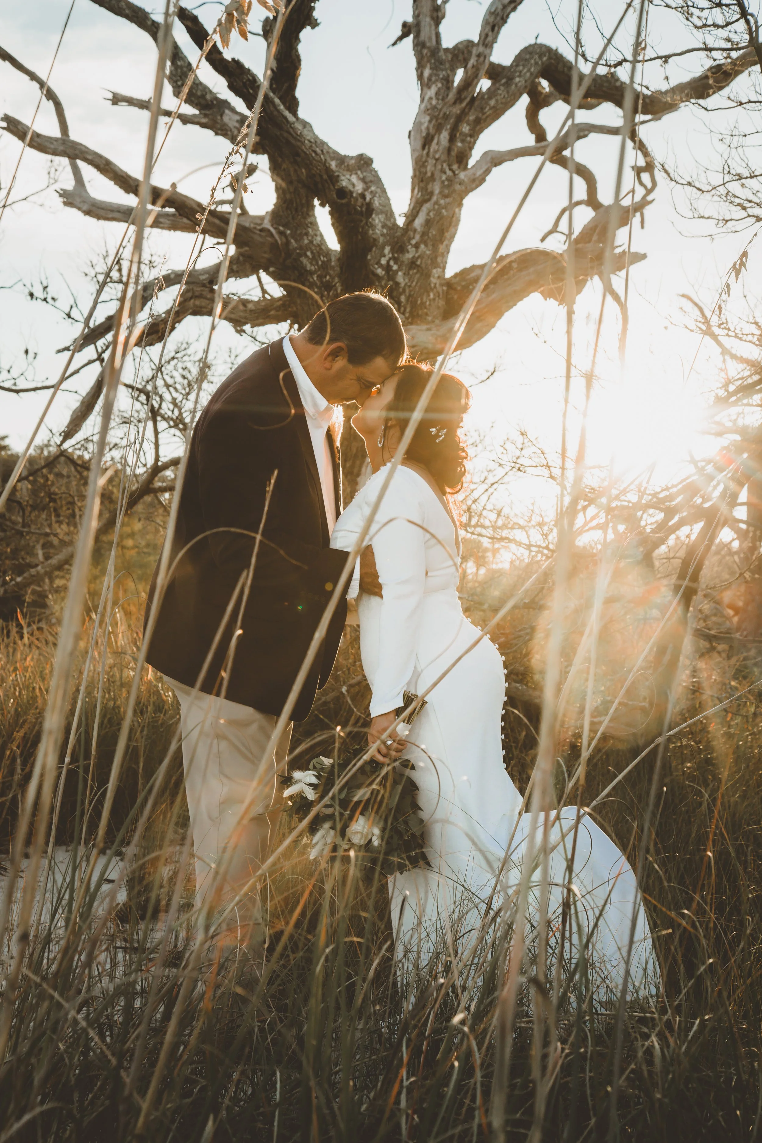 A couple standing close together in a field of tall grass, holding hands, with a large leafless tree and setting sun in the background.
