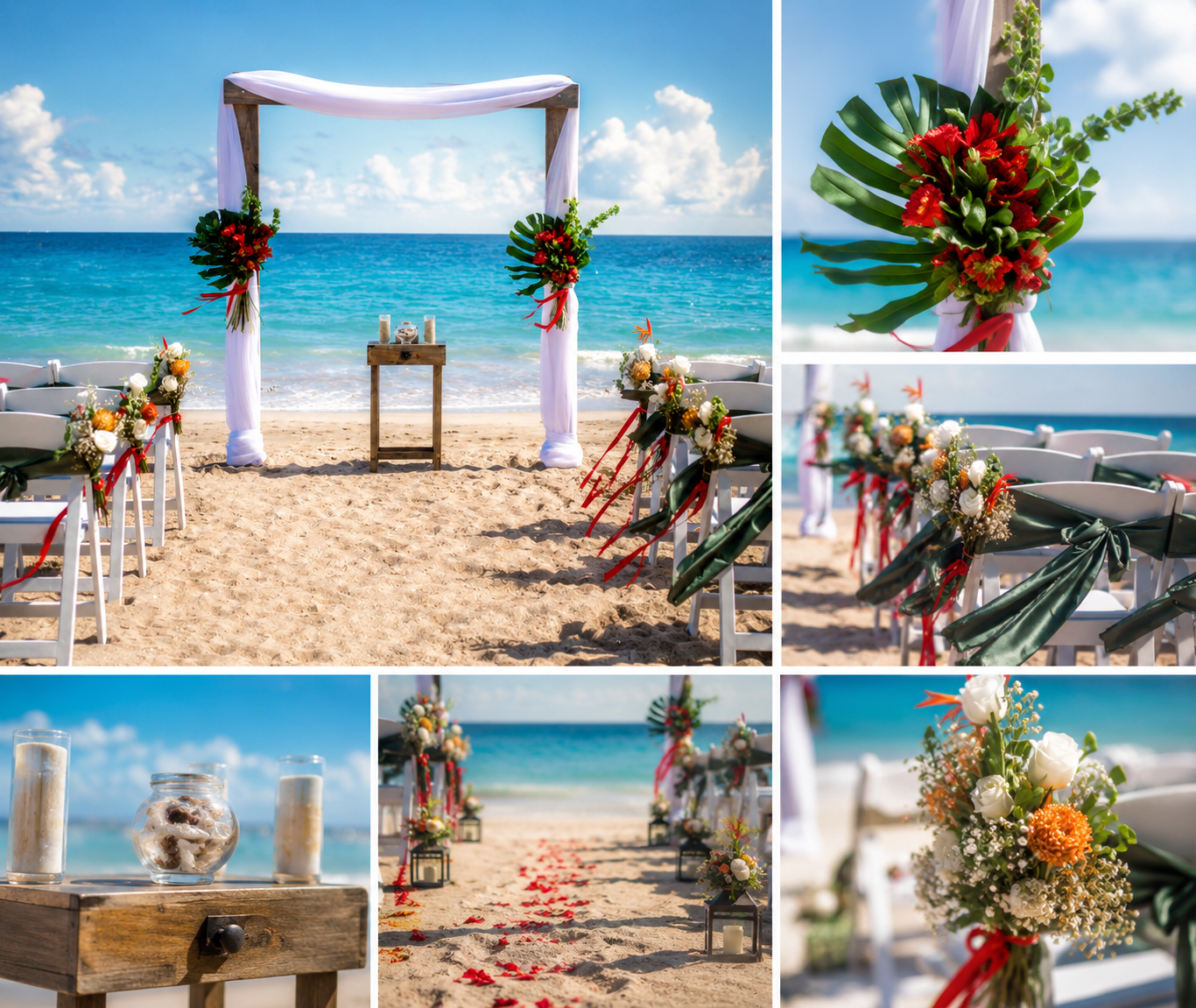 Beach wedding ceremony setup with white chairs decorated with flowers and red ribbons, leading to an arch with white drapes and floral arrangements at the beach, with candles and lanterns along the aisle and ocean in the background.